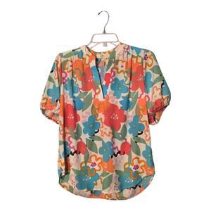 Entro women's (S) short-sleeve blouse featuring a bold and vibrant floral print